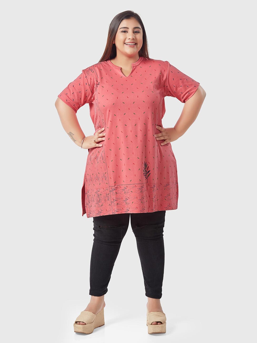 

CUPID Women Plus Size Pink Floral Printed Cotton Kurti
