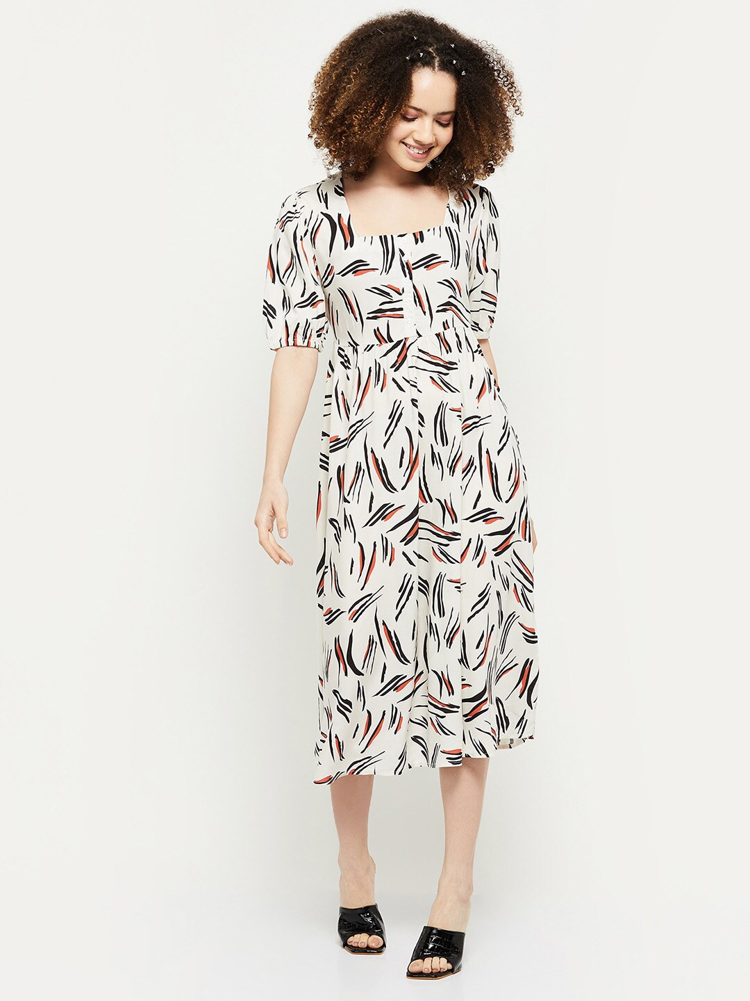

max Cream-Coloured Tropical Midi Dress