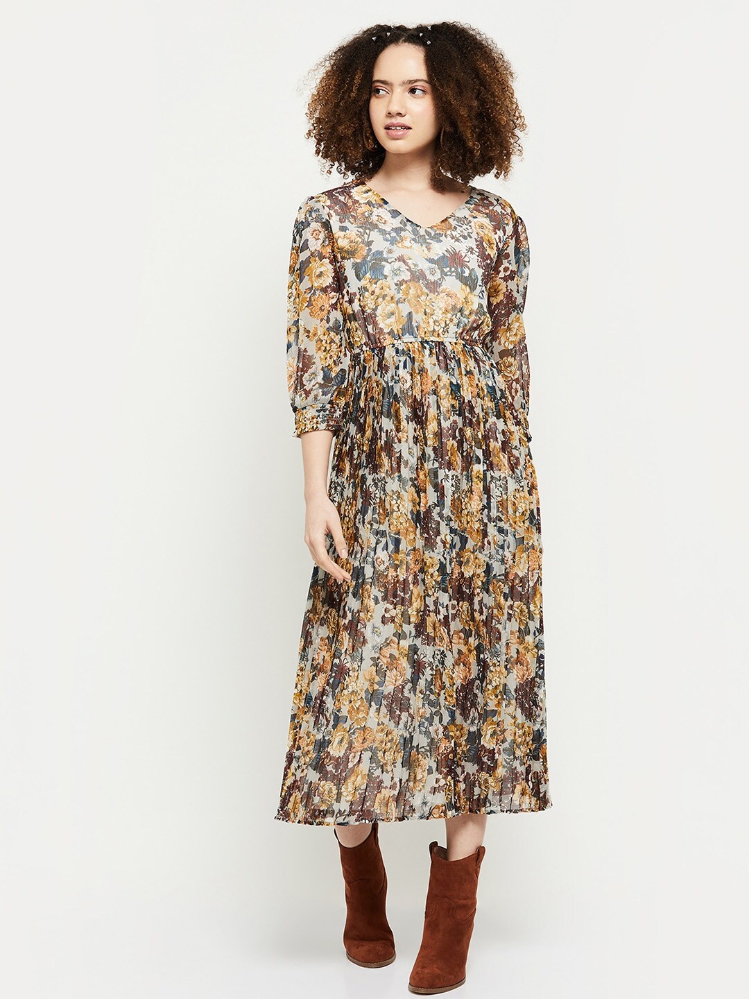 

max Off White & Brown Floral Pleated Midi Dress