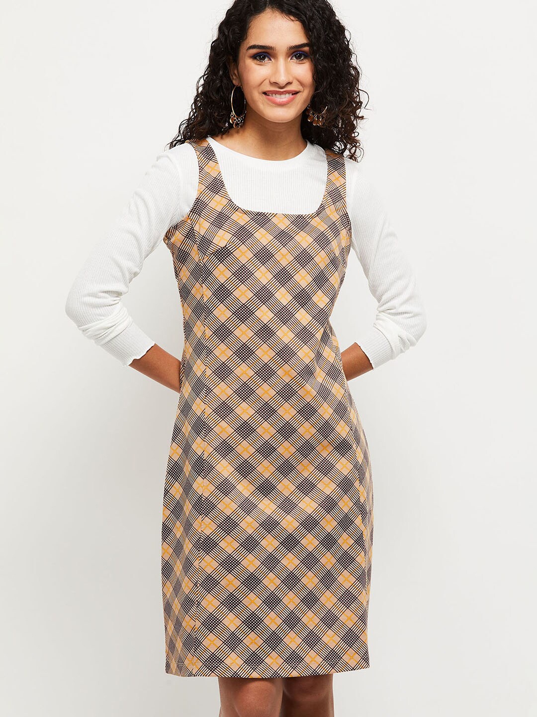 

max Women Brown & Grey Checked Pinafore Dress