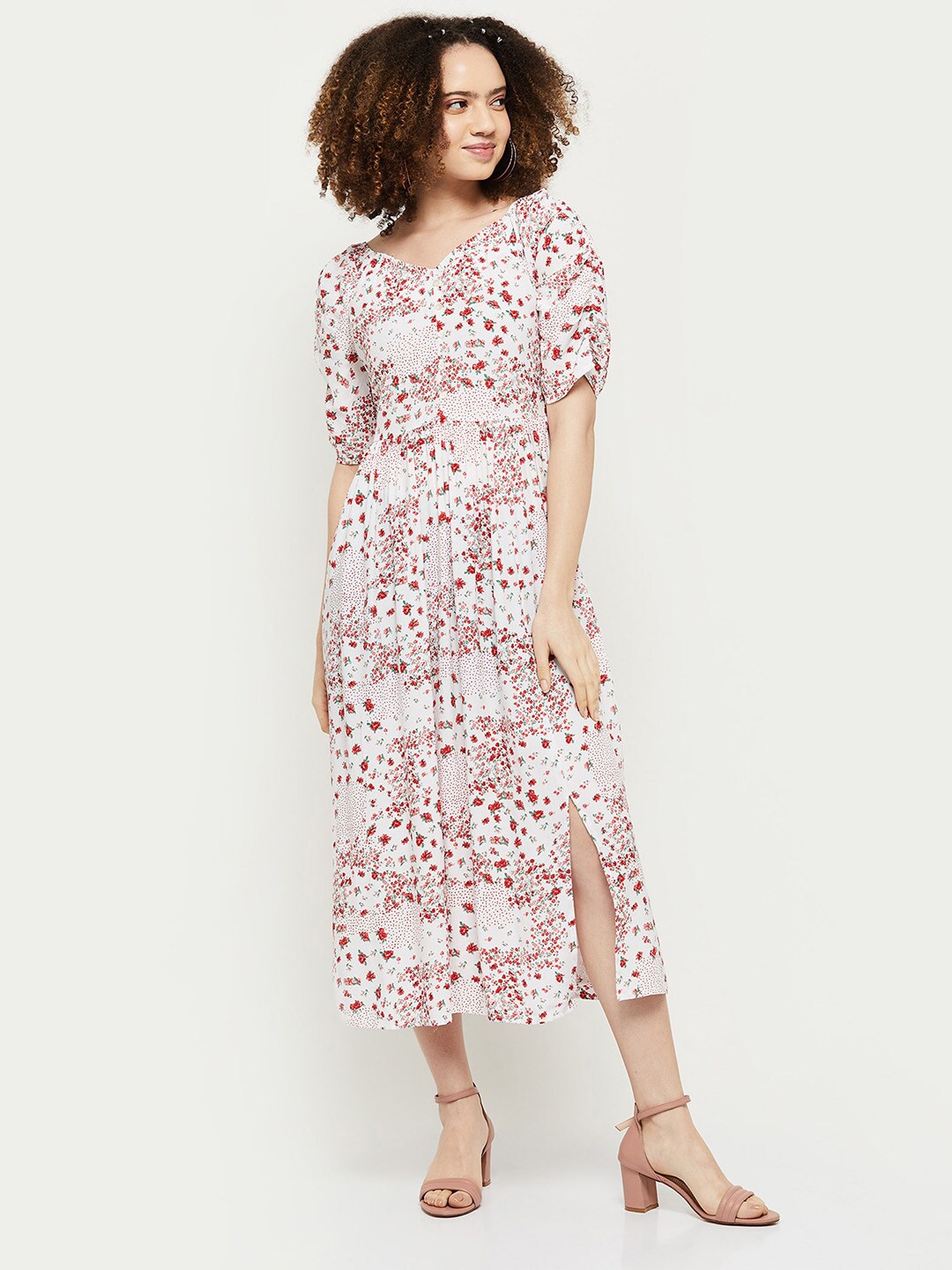

max Cream-Coloured & Red Floral A-Line Midi Dress