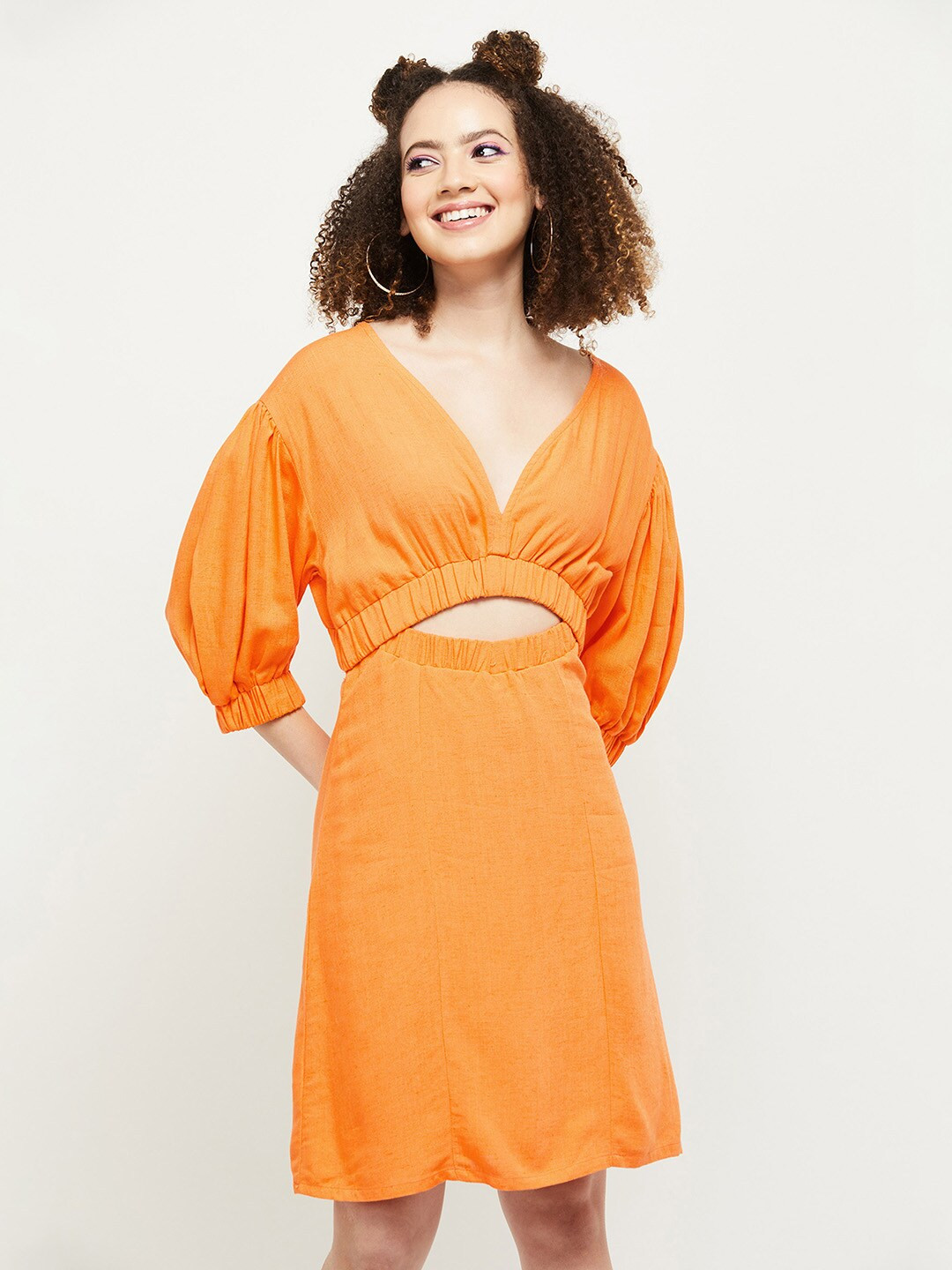 

max Women Orange Puff Sleeve Dress