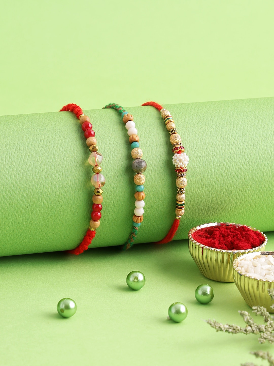 

Aapno Rajasthan Set of 3 Beaded Rakhi With Roli Chawal & Raksha Bandhan Greeting Card, White