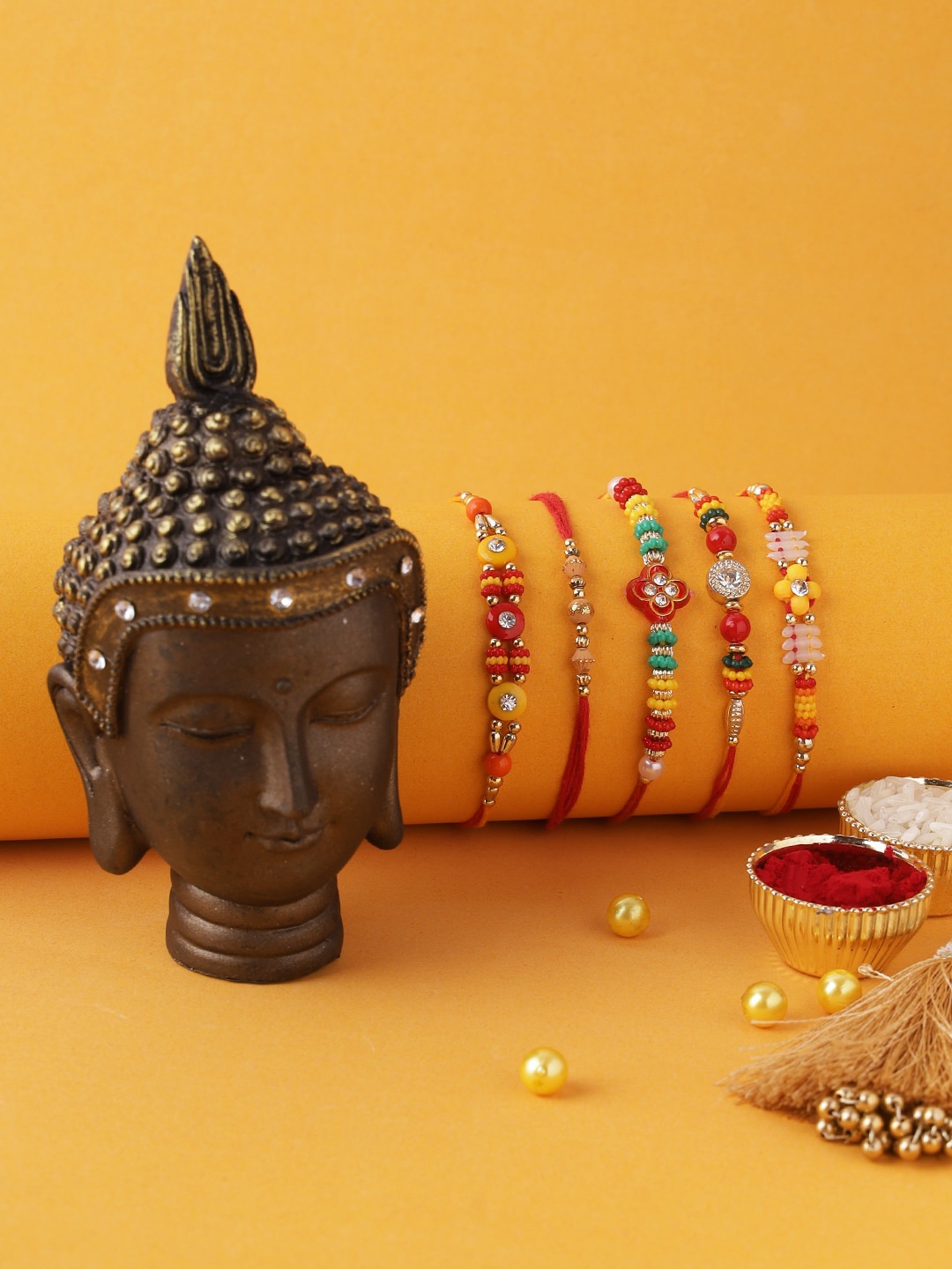 

Aapno Rajasthan Set of 5 Rakhi With Elegant Minimalist Buddha Resin Art, Multi