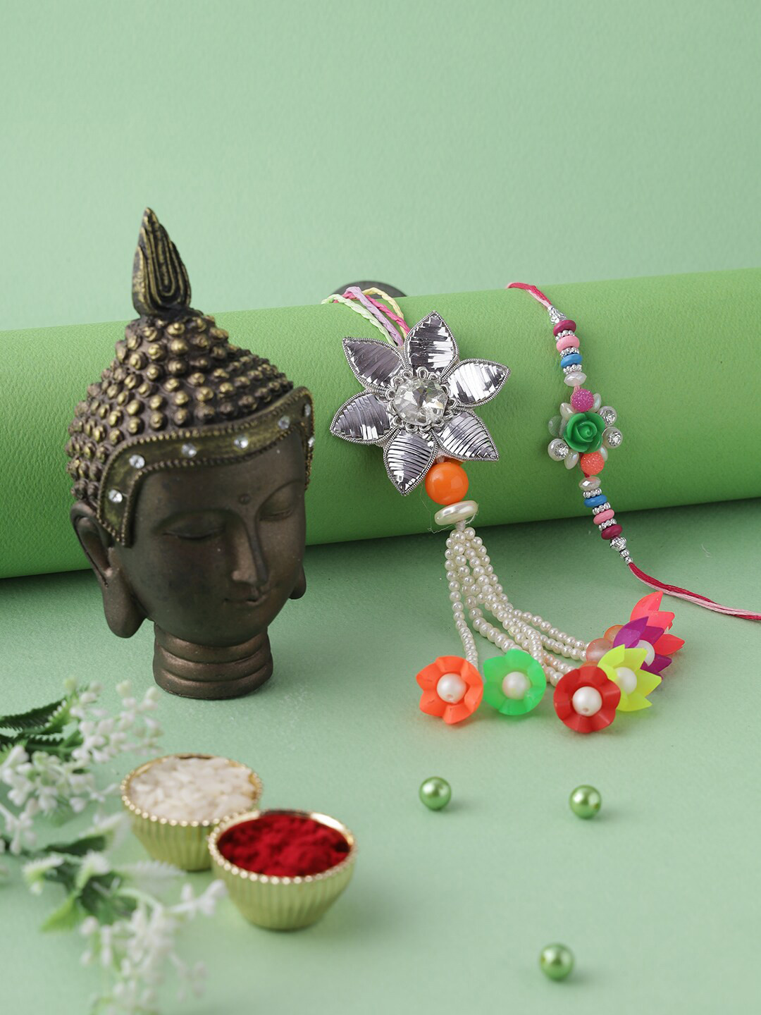 

Aapno Rajasthan Set of 2 Multicoloured Bhaiya Bhabhi Rakhi with Buddha Resin Art Gift Set, Multi