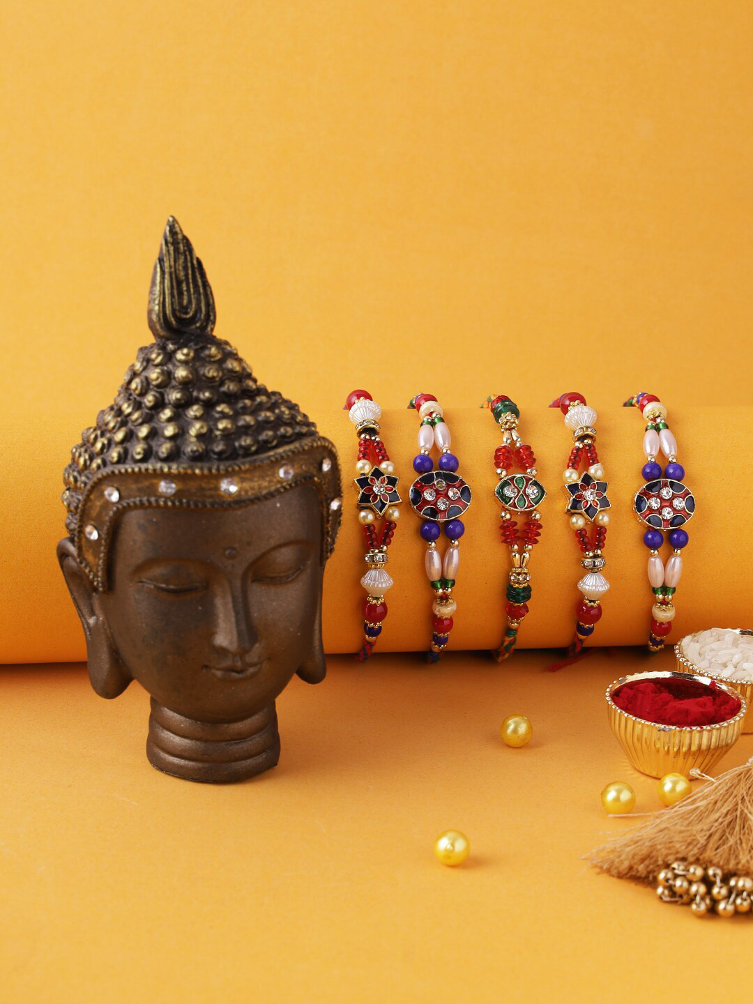 

Aapno Rajasthan Set of 5 Multicoloured Rakhi With Buddha Resin Art, Multi