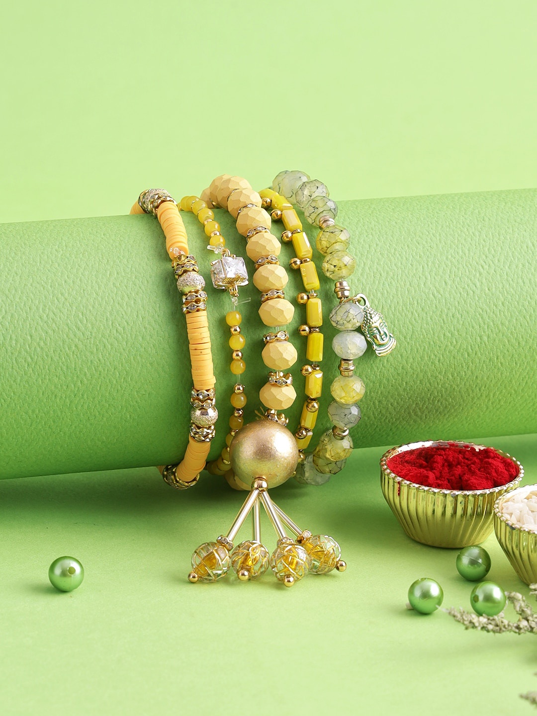 

Aapno Rajasthan Set of 5 Lumba Bracelet Rakhi, Yellow