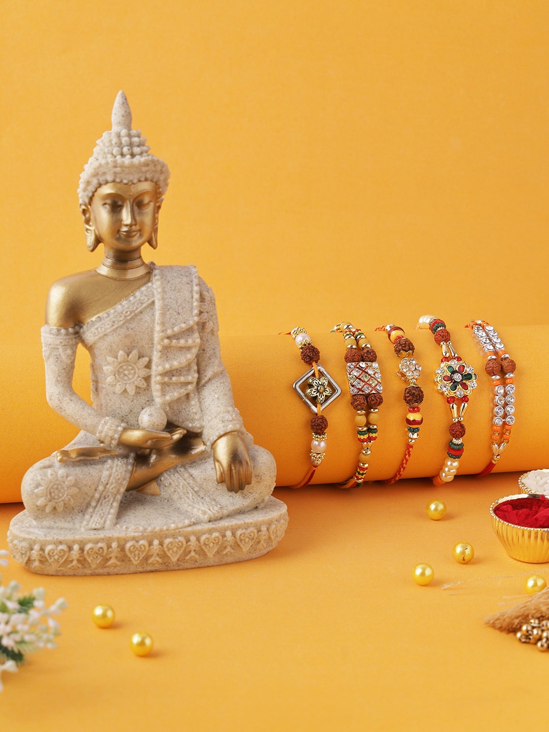 

Aapno Rajasthan Set of 5 Bhaiya Rakhi with Buddha Idol, Multi