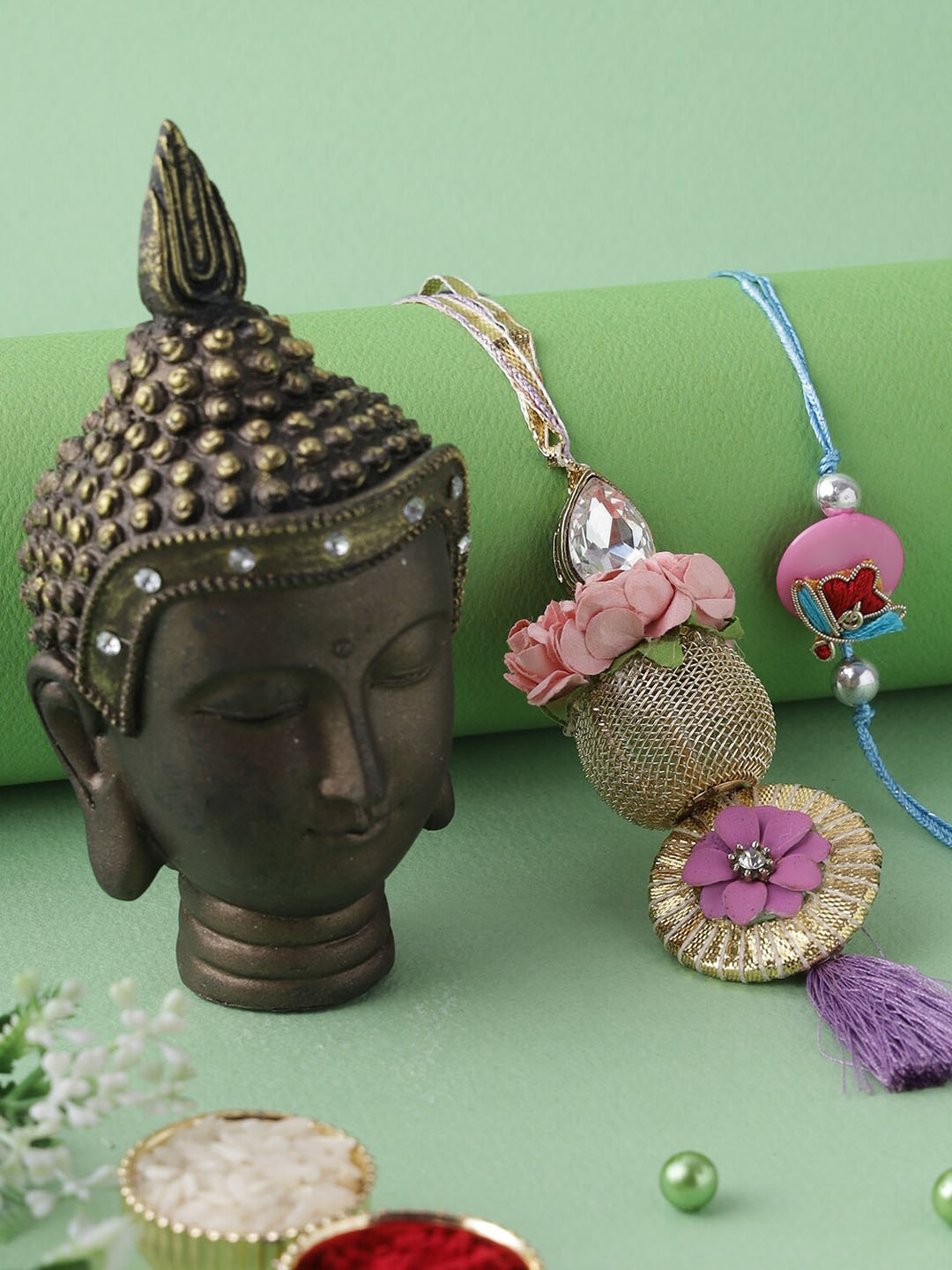 

Aapno Rajasthan Set of 2 Rakhi with Elegant Minimalist Buddha Resin Art, Gold