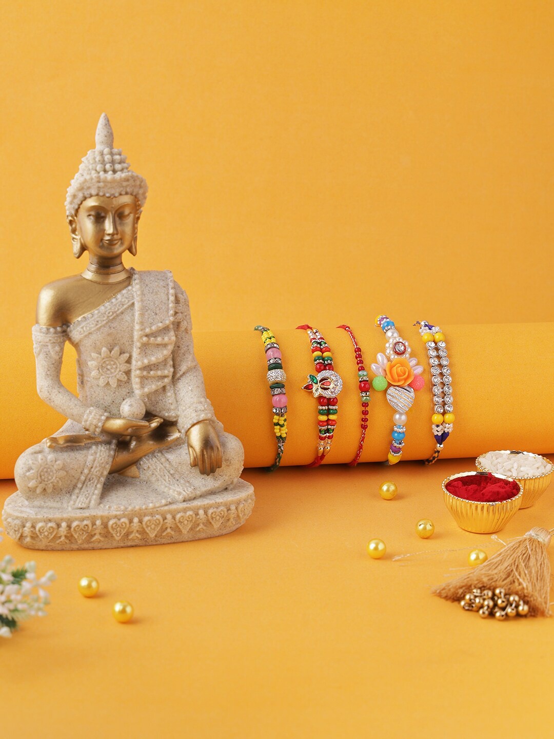 

Aapno Rajastha Set of 5 Rakhi With Buddha Statue, Gold