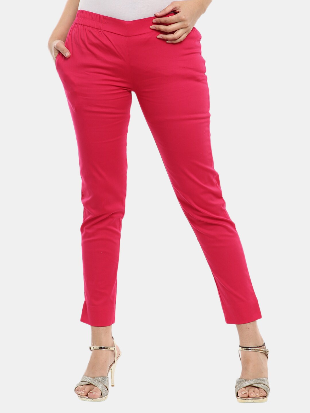 

V-Mart Women Fuchsia Solid Cotton Lycra Cigarette Trousers