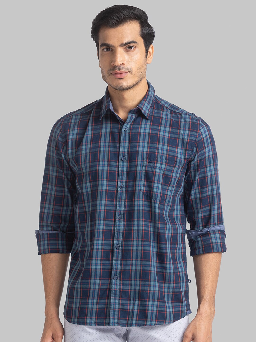 

Parx Men Blue Slim Fit Tartan Checks Checked Casual Shirt