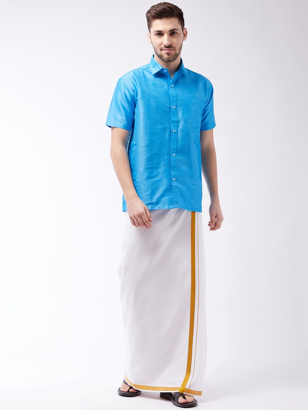 

VASTRAMAY Men Blue & White Shirt set with Dhoti