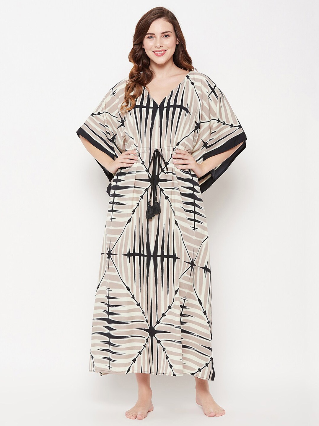 

Clovia Crepe Printed Maxi Kaftan Nightdress, Beige