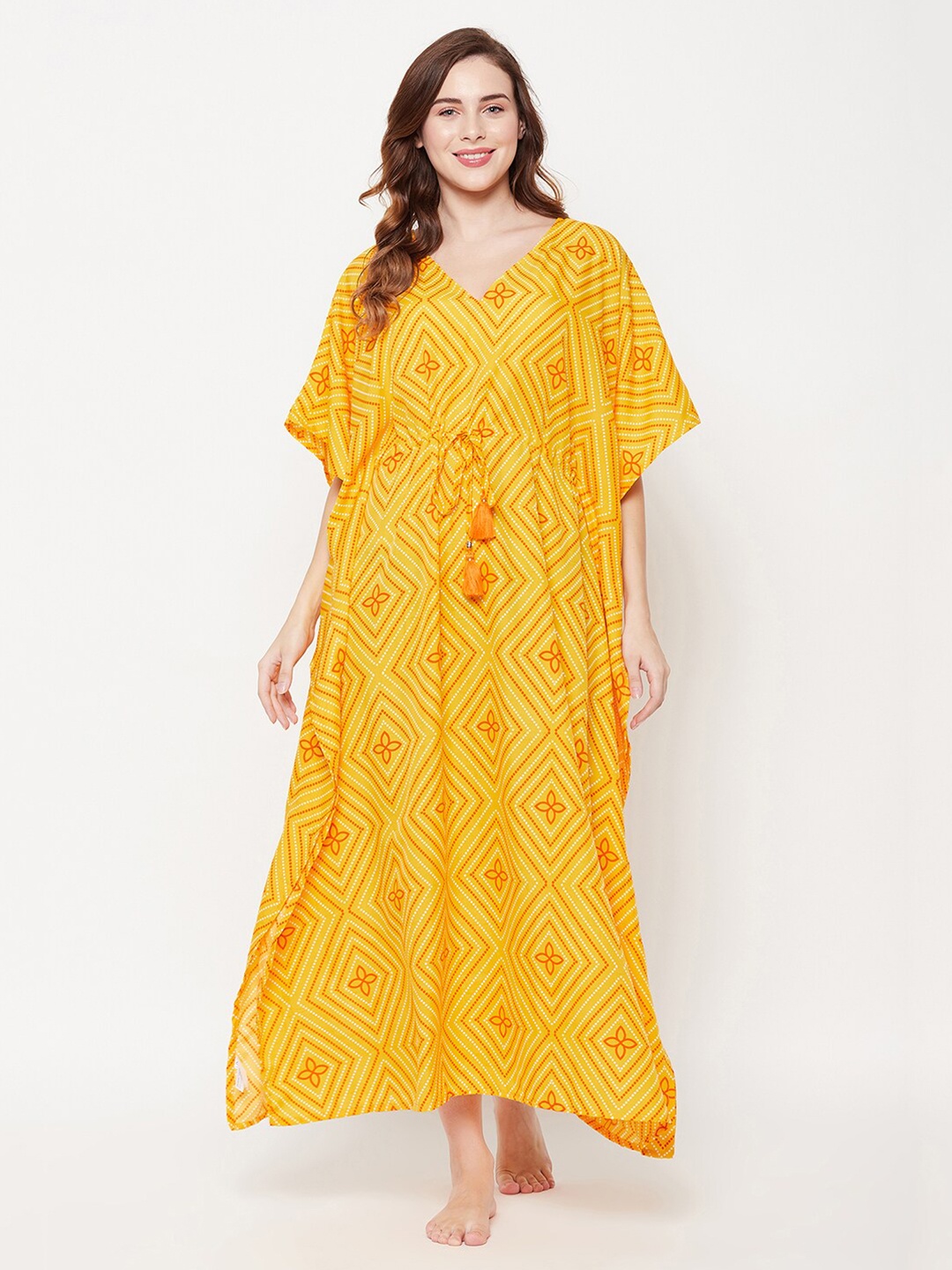 

Clovia Yellow Printed Maxi Long Kaftan Nightdress