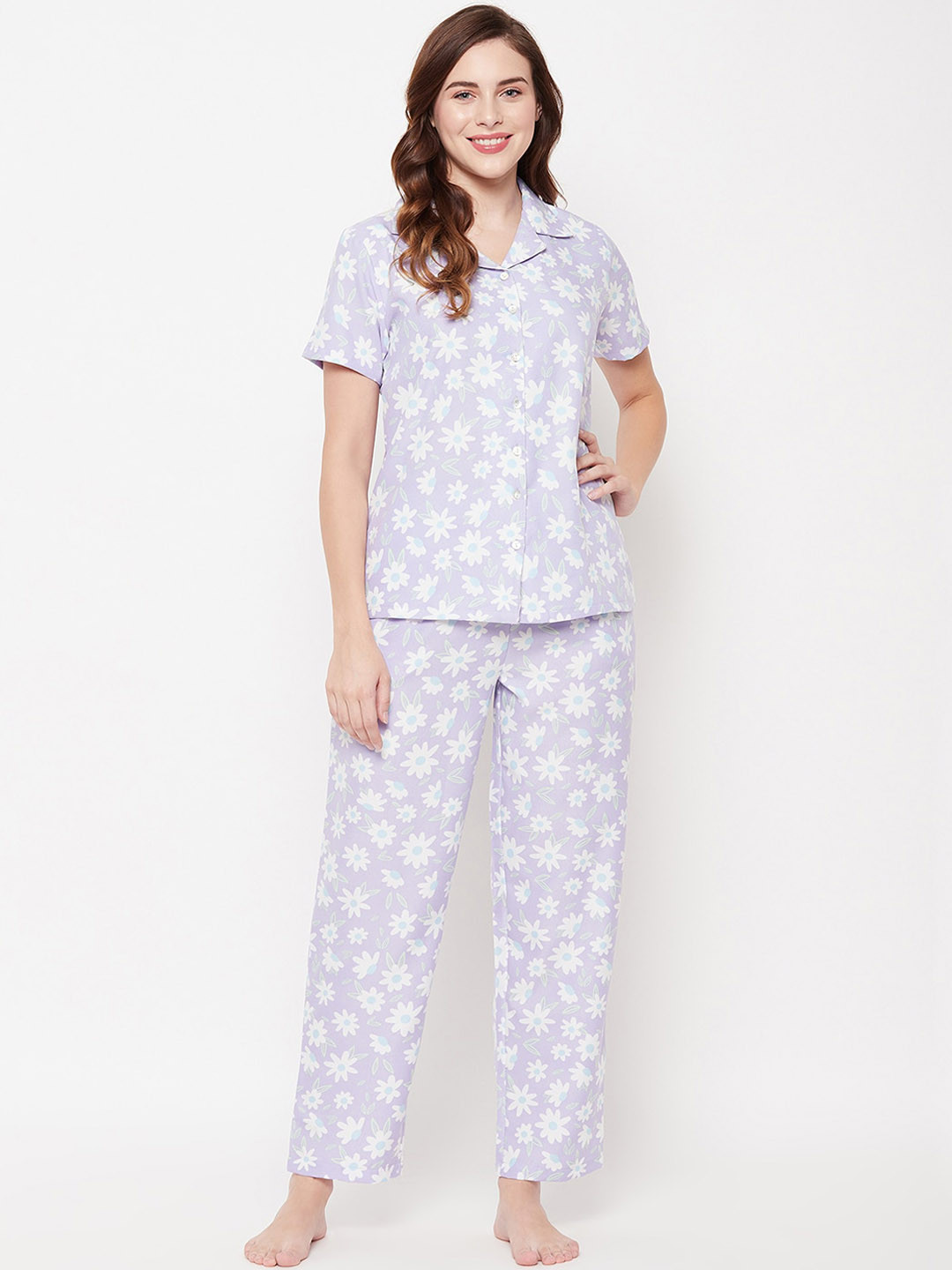 

Clovia Women Purple & White Printed Night suit