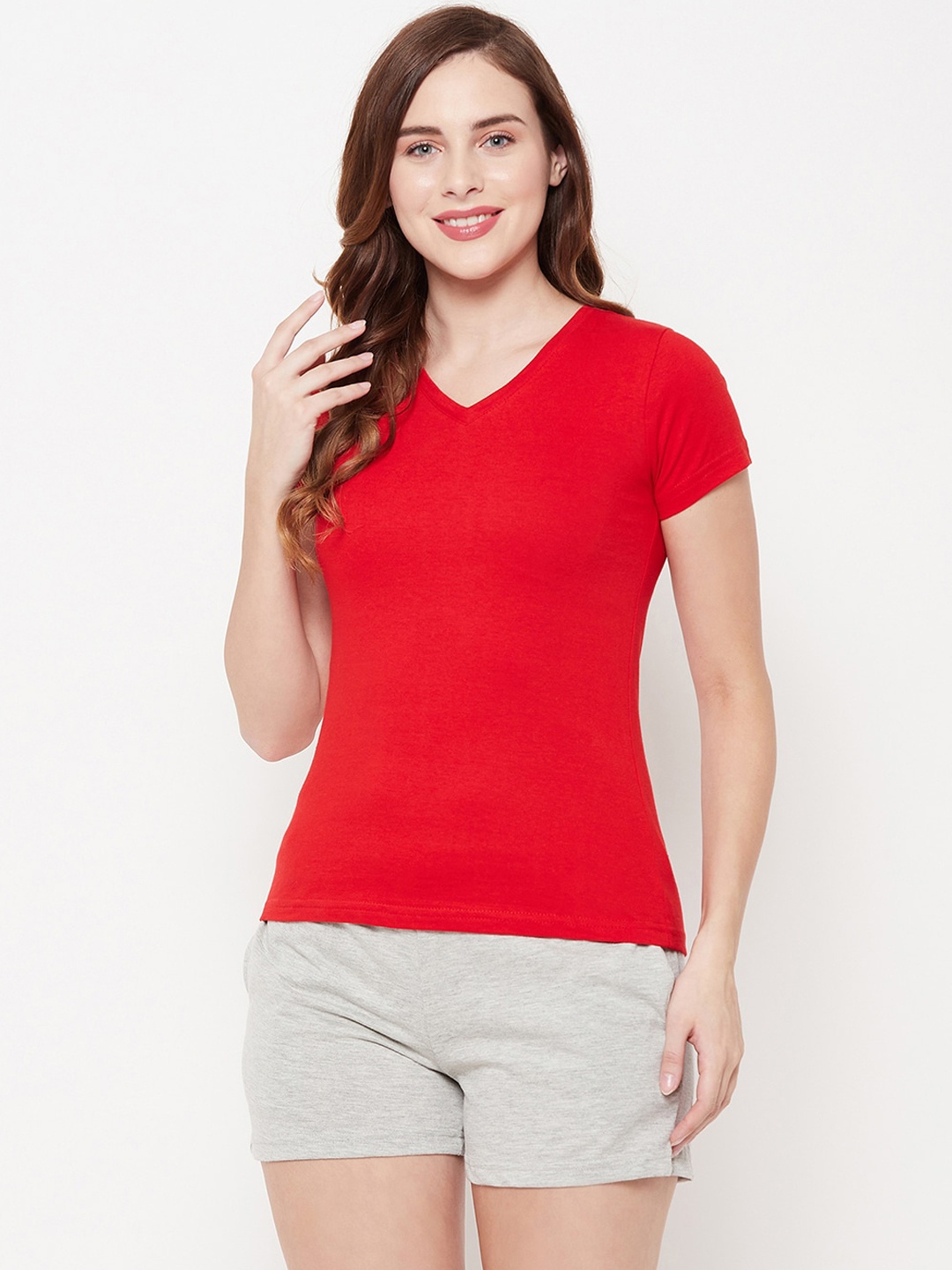 

Clovia Women Red & Grey Solid Night suit