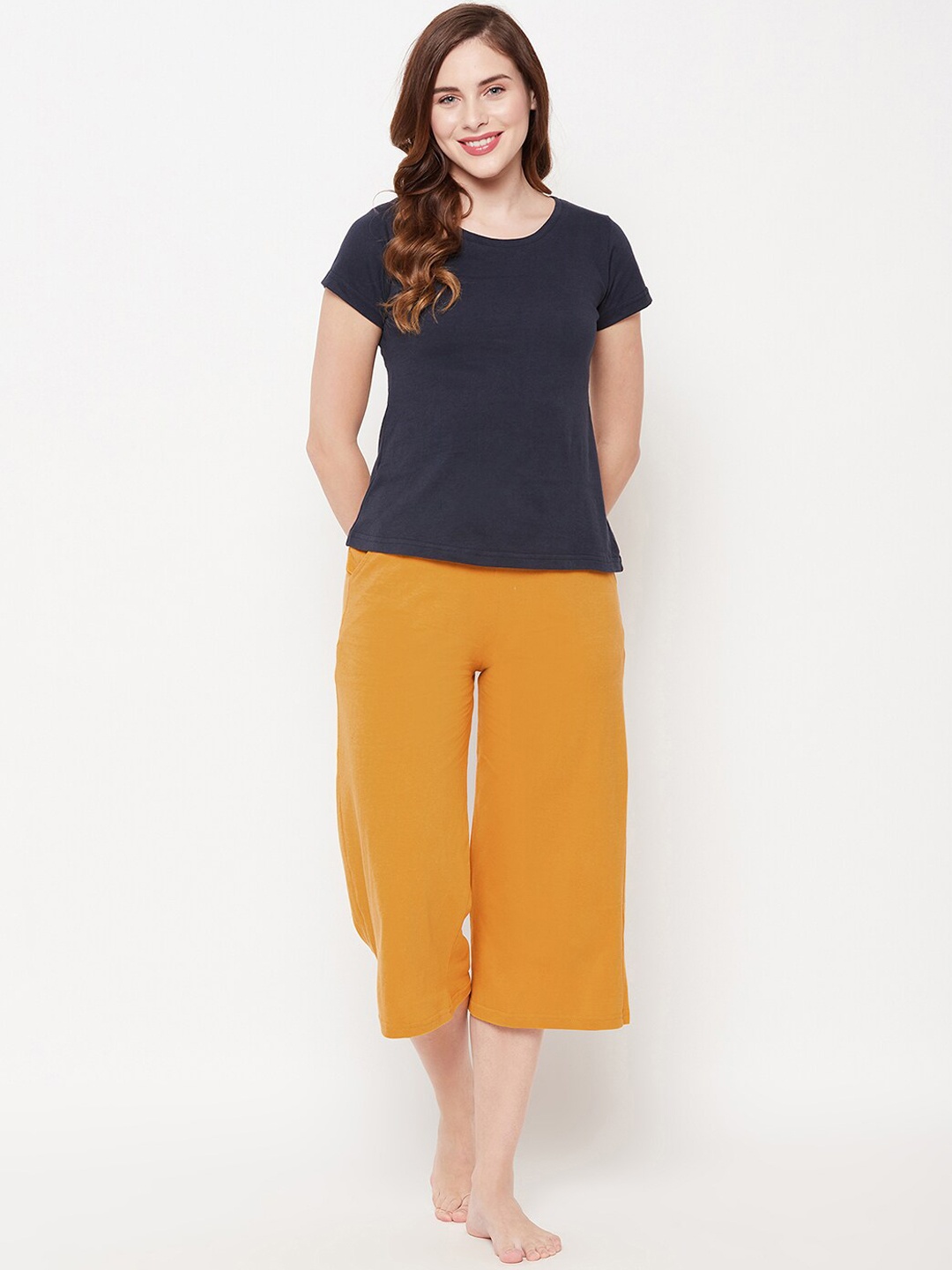 

Clovia Women Navy Blue & Mustard Solid Night suit