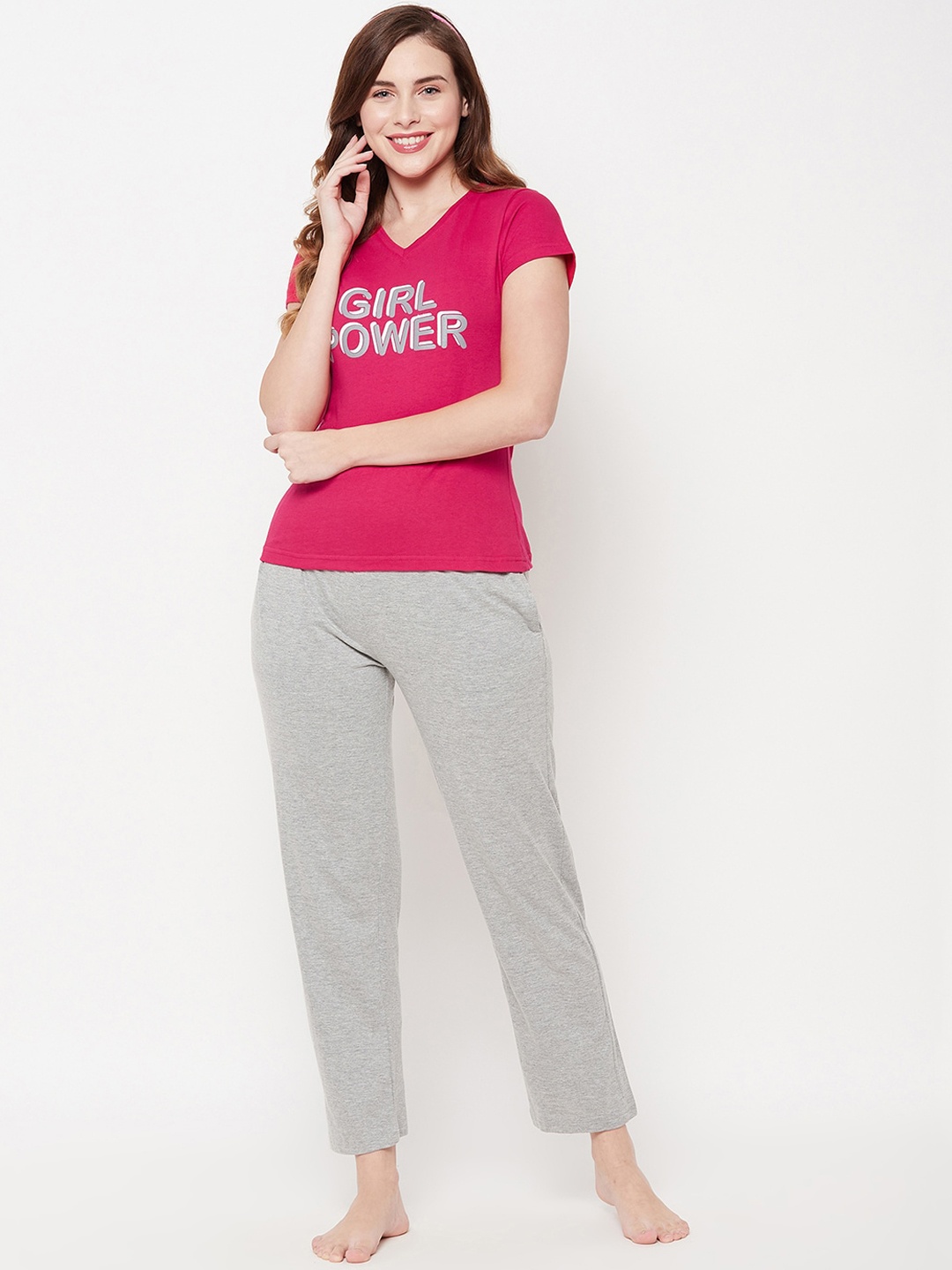 

Clovia Women Pink & Grey Printed Night suit