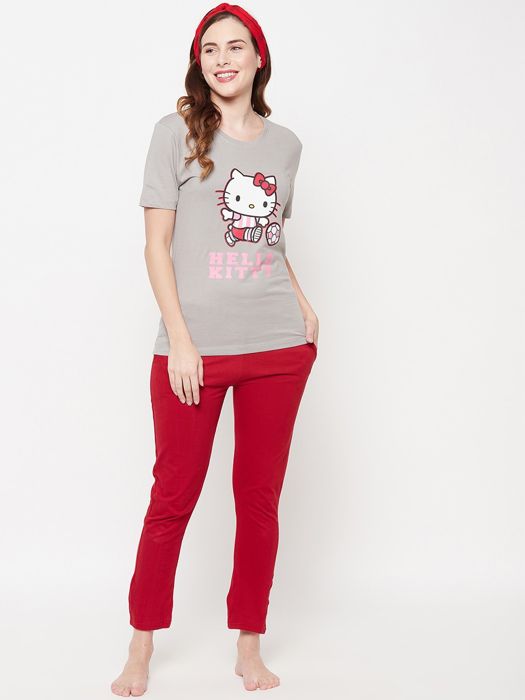 

Clovia Women Grey & Red Hello Kitty Printed Night suit