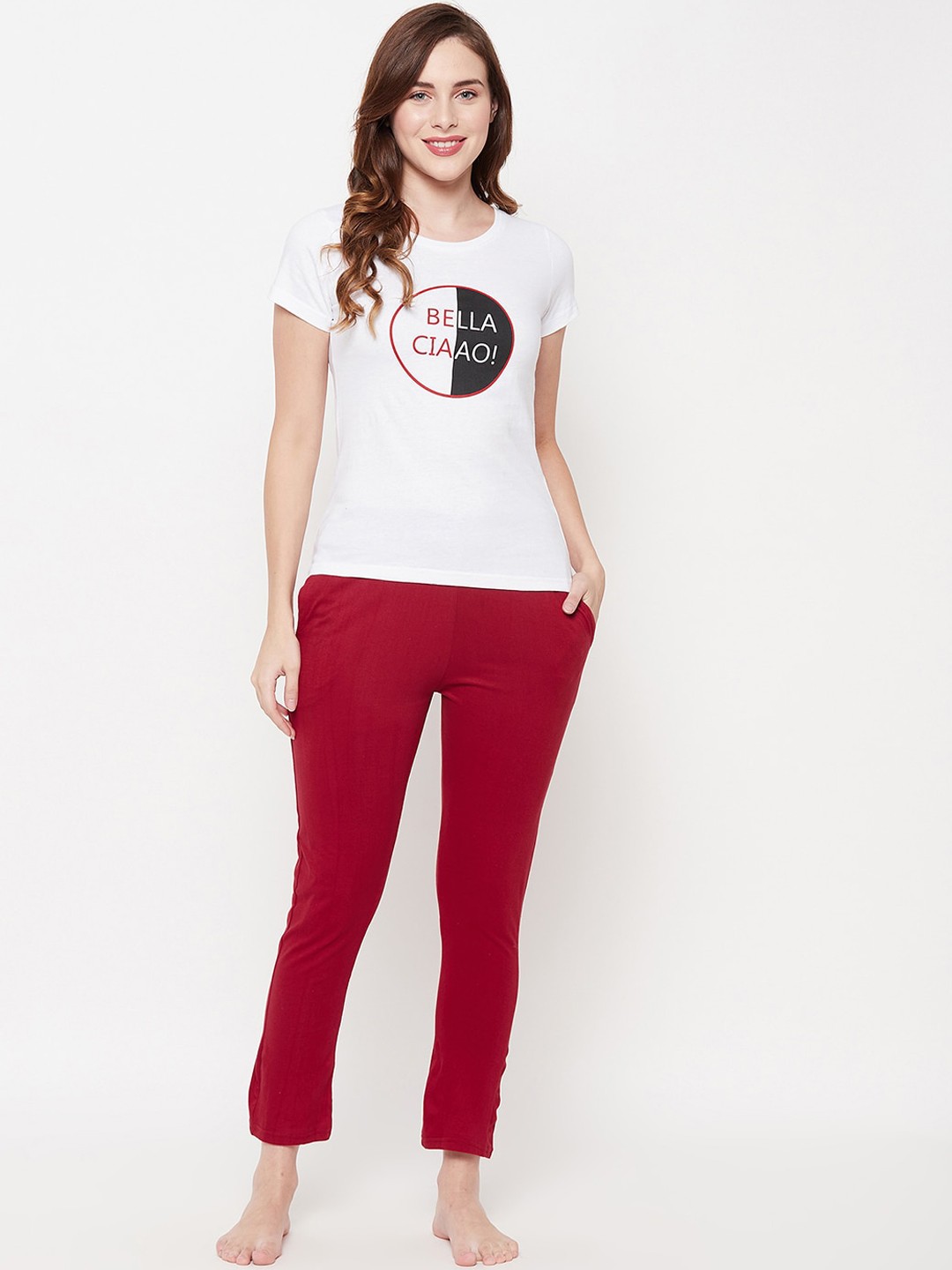 

Clovia Women White & Maroon Printed Night suit