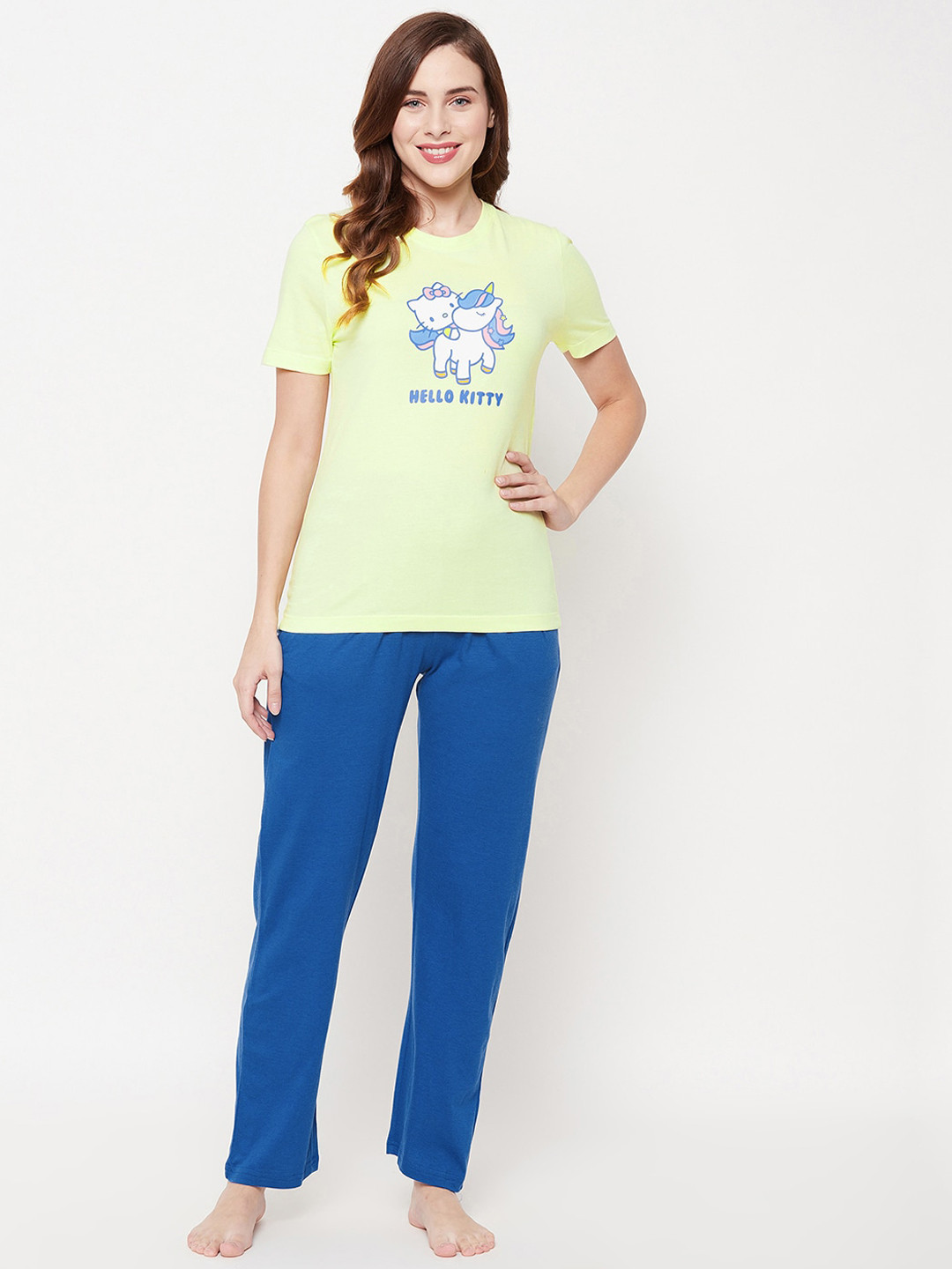 

Clovia Women Yellow & Blue Hello Kitty Printed Night suit