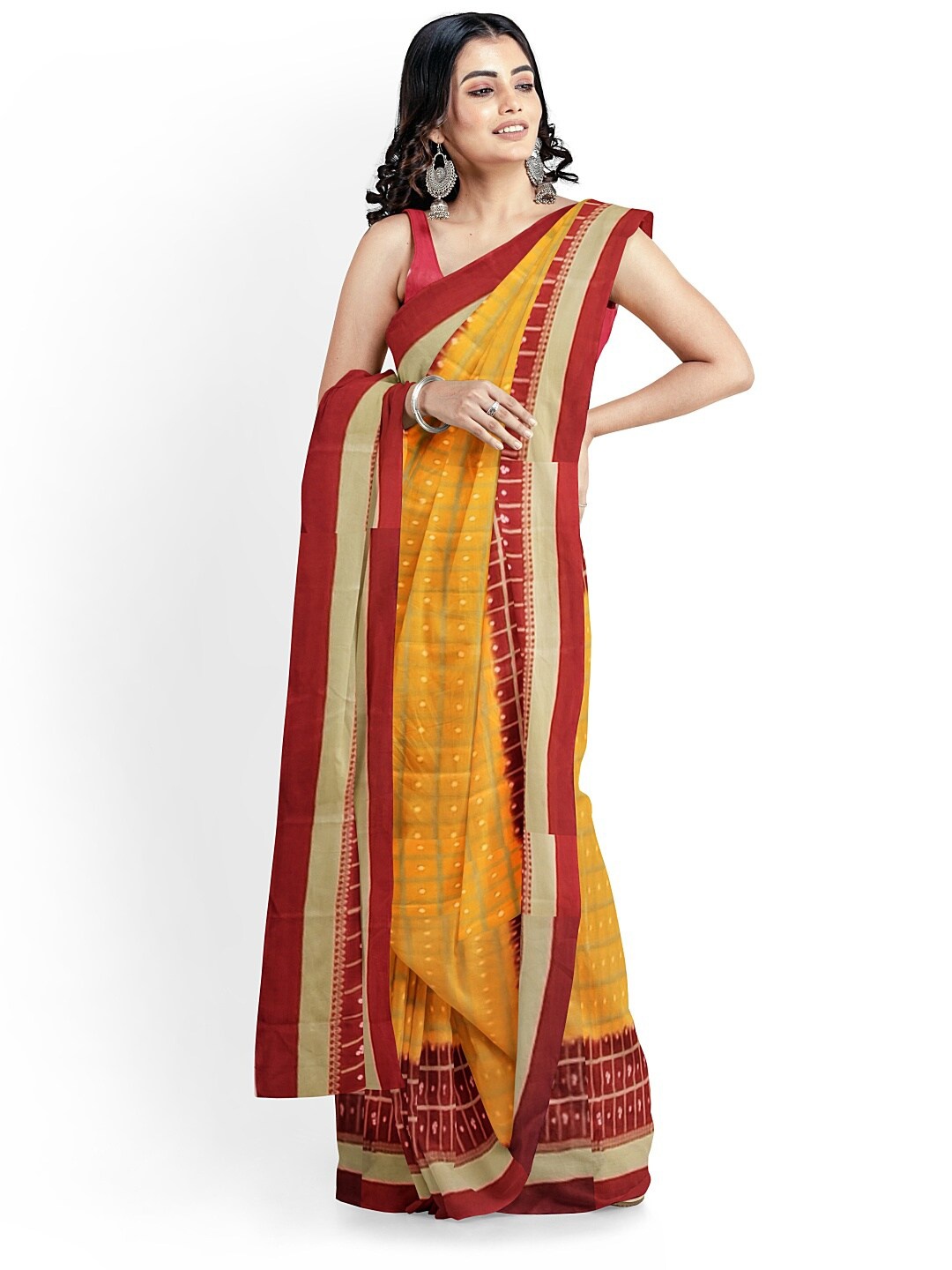 

SAADHVI Yellow & Brown Bandhani Silk Blend Fusion Bandhani Saree
