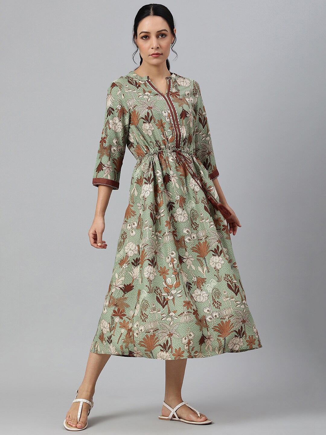 

W Green Floral Chiffon A-Line Midi Dress
