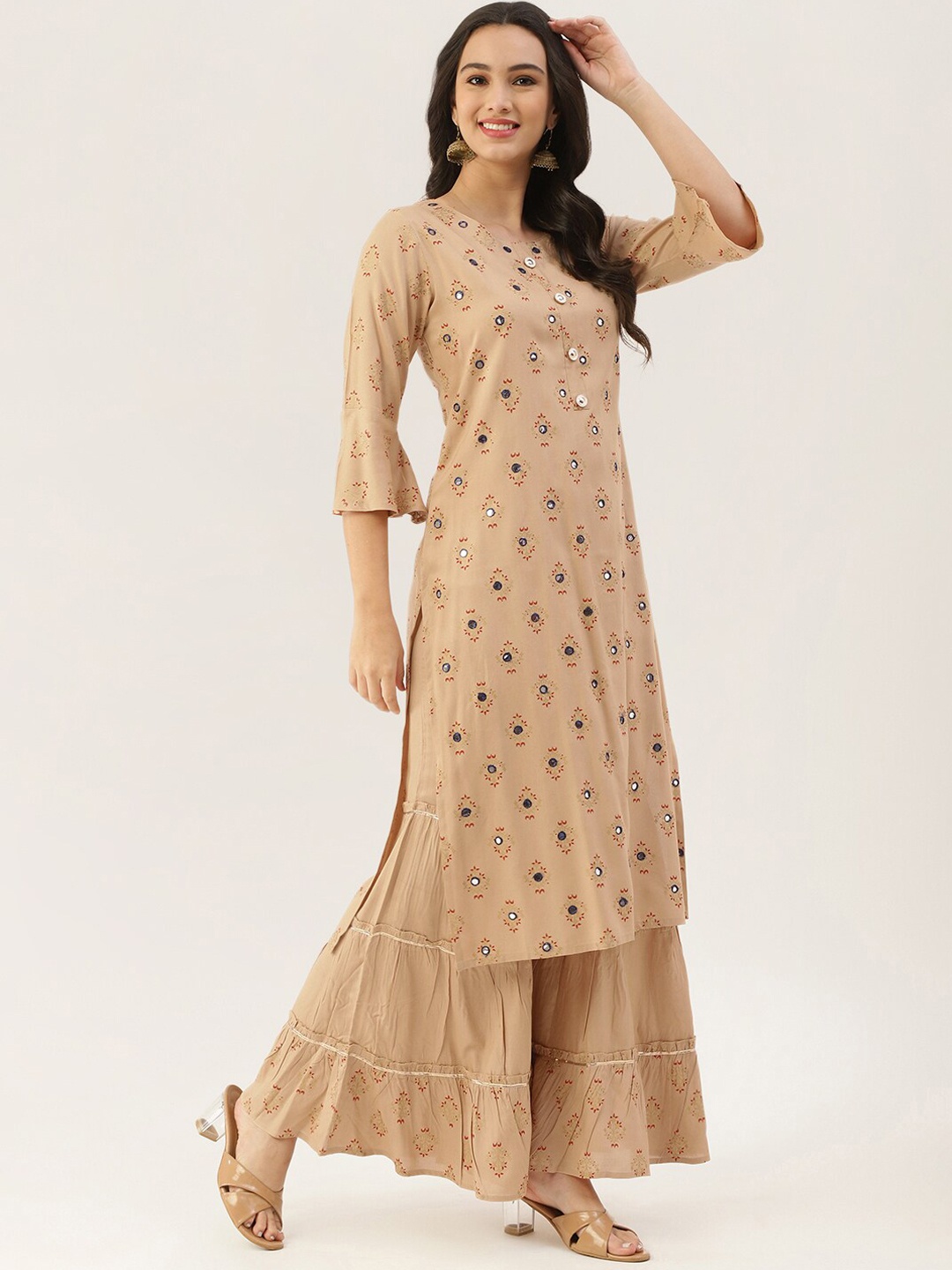 

Lee Moda Women Brown Floral Embroidered High Slit Kurti with Sharara