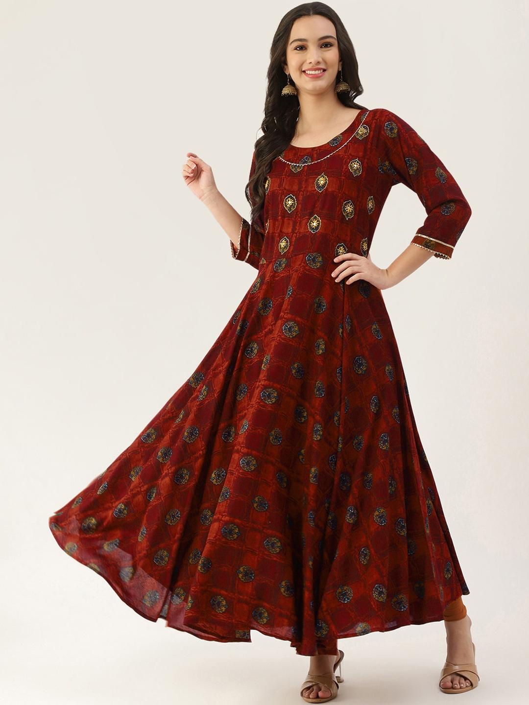 

Lee Moda Women Maroon Thread Work Floral Anarkali Kurta
