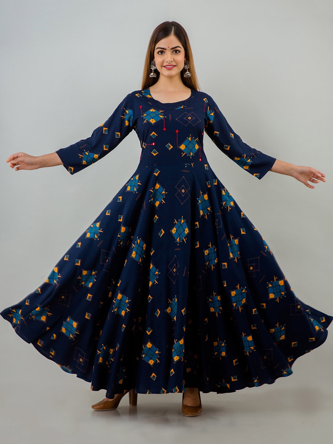 Lee Moda Women Blue Geometric Printed Mirror Work Anarkali Kurta