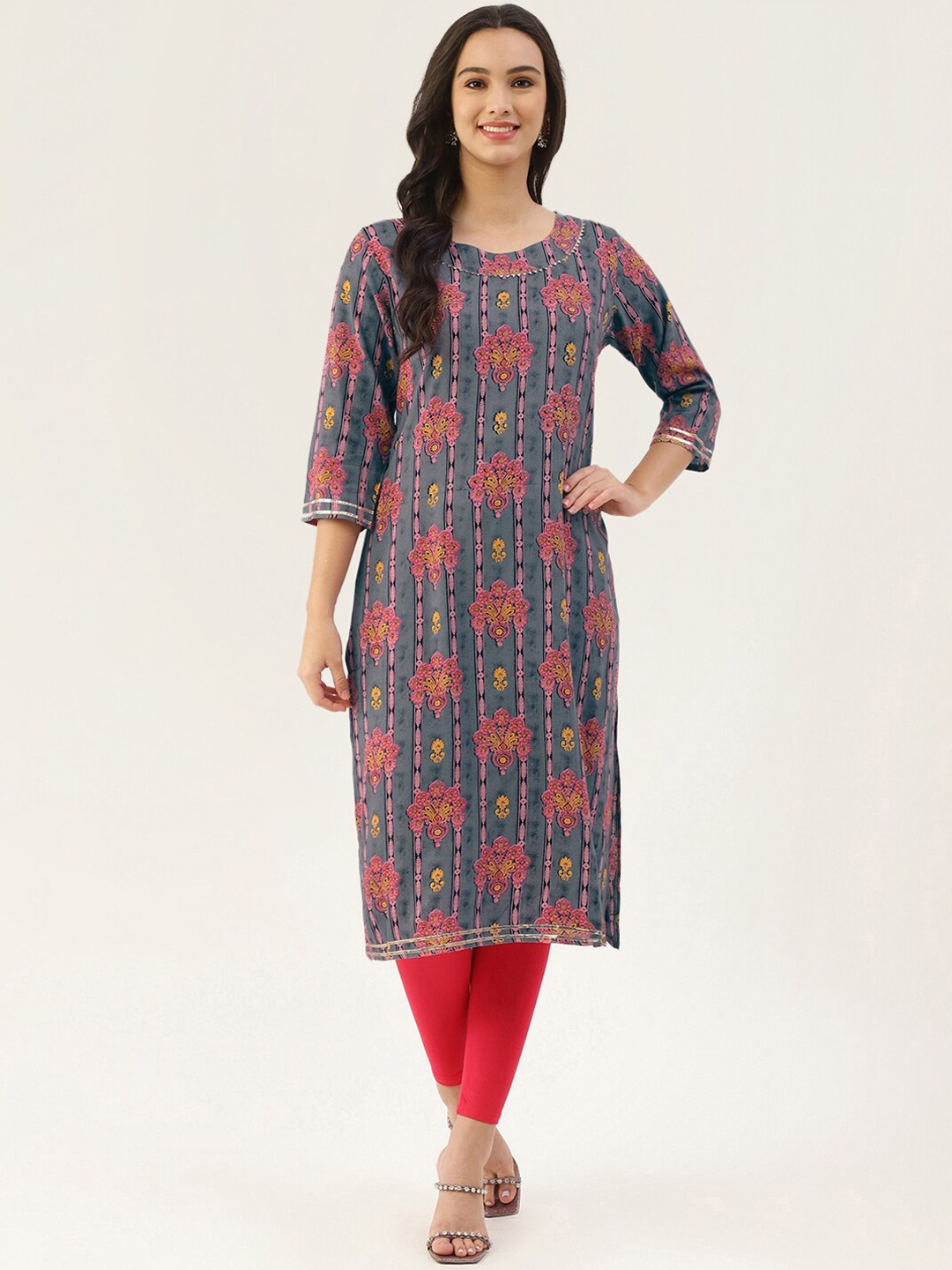 

Lee Moda Women Grey Printed Floral Kurta