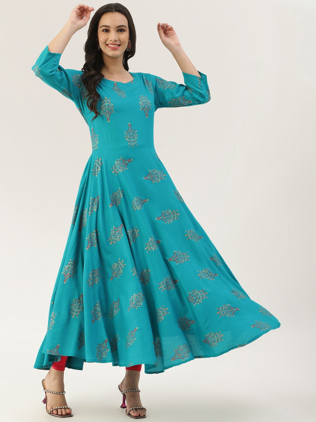 

Lee Moda Women Turquoise Blue Floral Anarkali Kurta