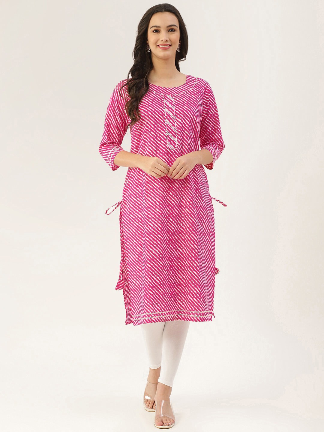 

Lee Moda Women Pink Leheriya Printed Gotta Patti Cotton Blend Straight Kurta