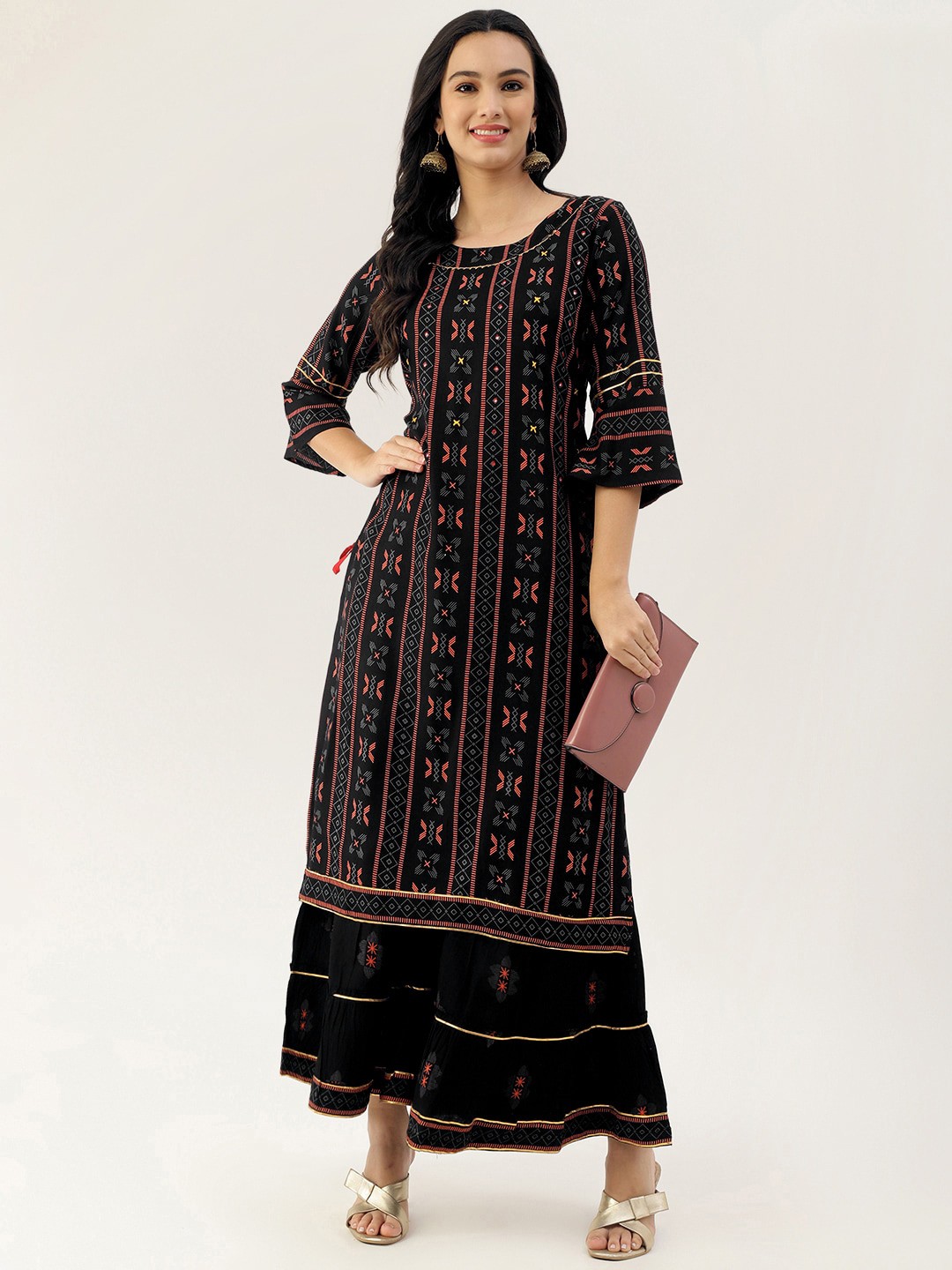 

Lee Moda Women Black Ethnic Motifs Printed Layered Kurta with sharara & Dupatta