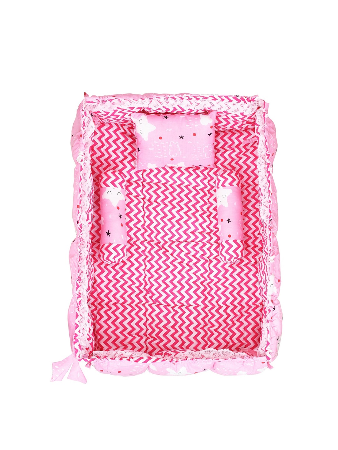 

LOREM Infant Kids Pink & White Printed Cotton Mattress Set With Neck Pillow & Bolsters