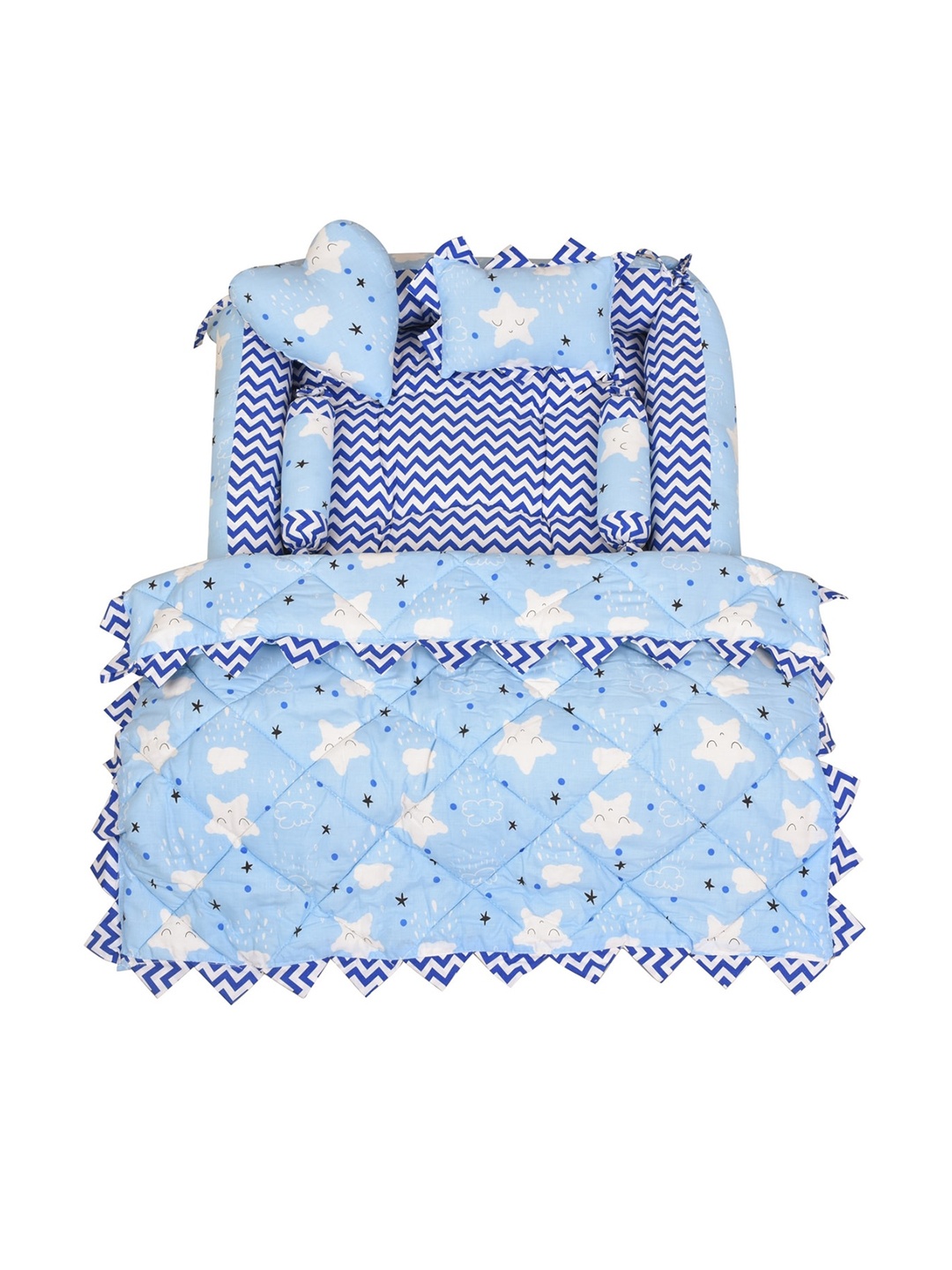 

LOREM Infant Kids Blue & White Printed Cotton Mattress Set With Neck Pillow & Bolsters