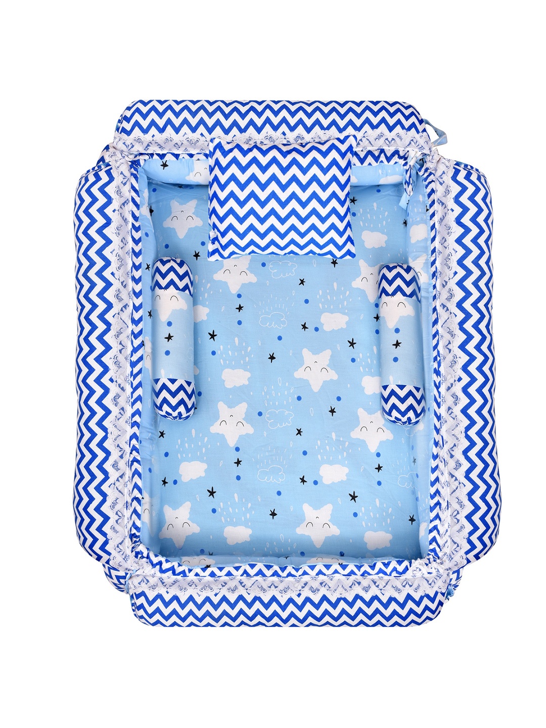

LOREM Infants Kids Blue & White Printed Pure Cotton Square Bed With 4 Pillow Set