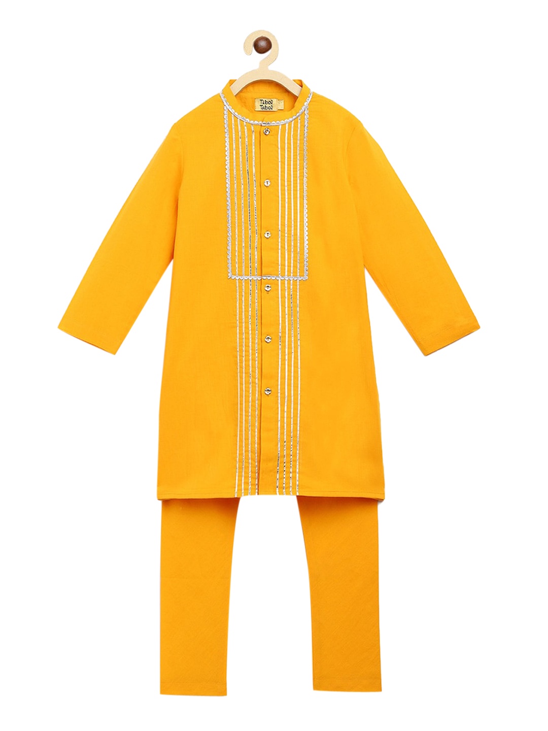 

Tiber Taber Boys Yellow Yoke Design Gotta Patti Pure Cotton Kurta with Pyjamas