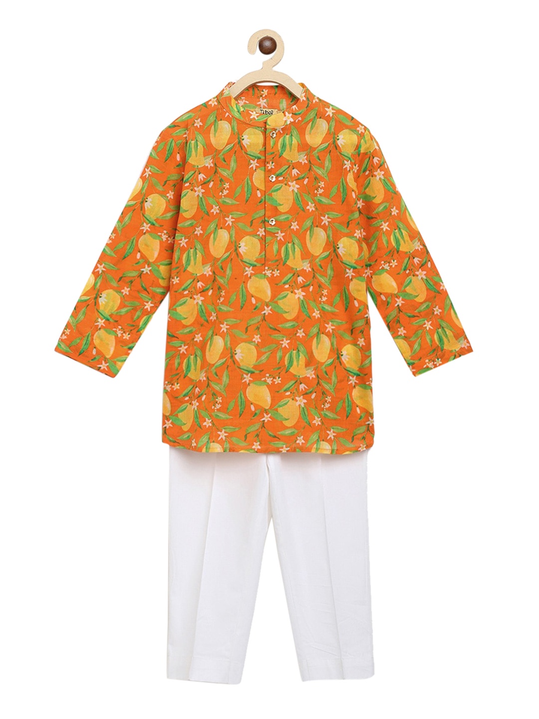 

Tiber Taber Boys Orange Printed Angrakha Pure Cotton Kurta with Pyjamas