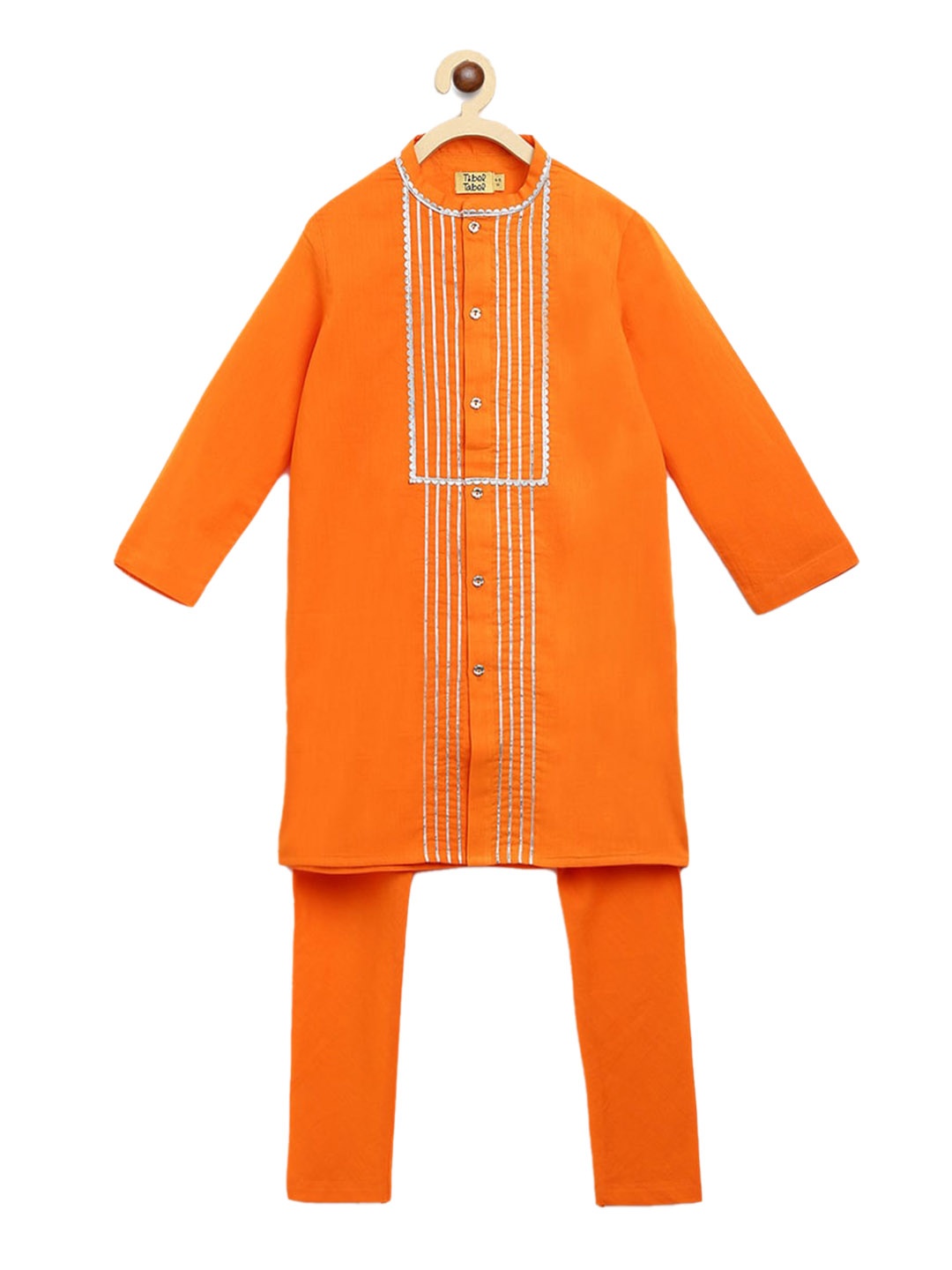 

Tiber Taber Boys Orange Printed Gotta Patti Pure Cotton Kurta with Pyjamas