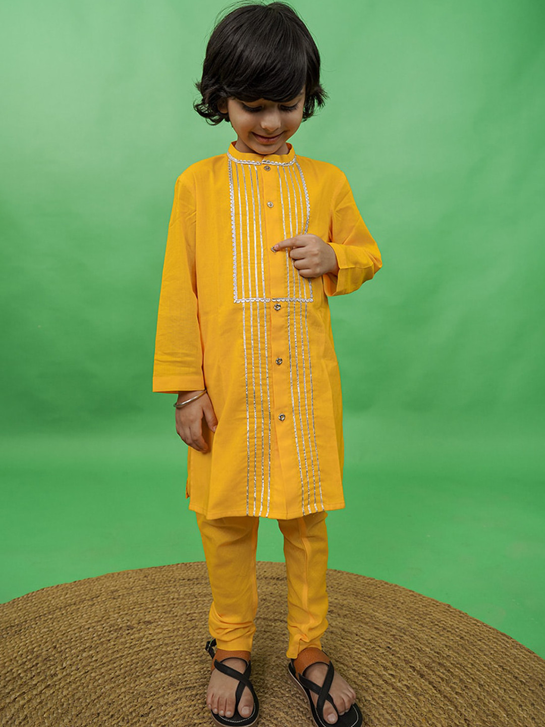 

Tiber Taber Boys Yellow Yoke Design Gotta Patti Pure Cotton Kurta Set