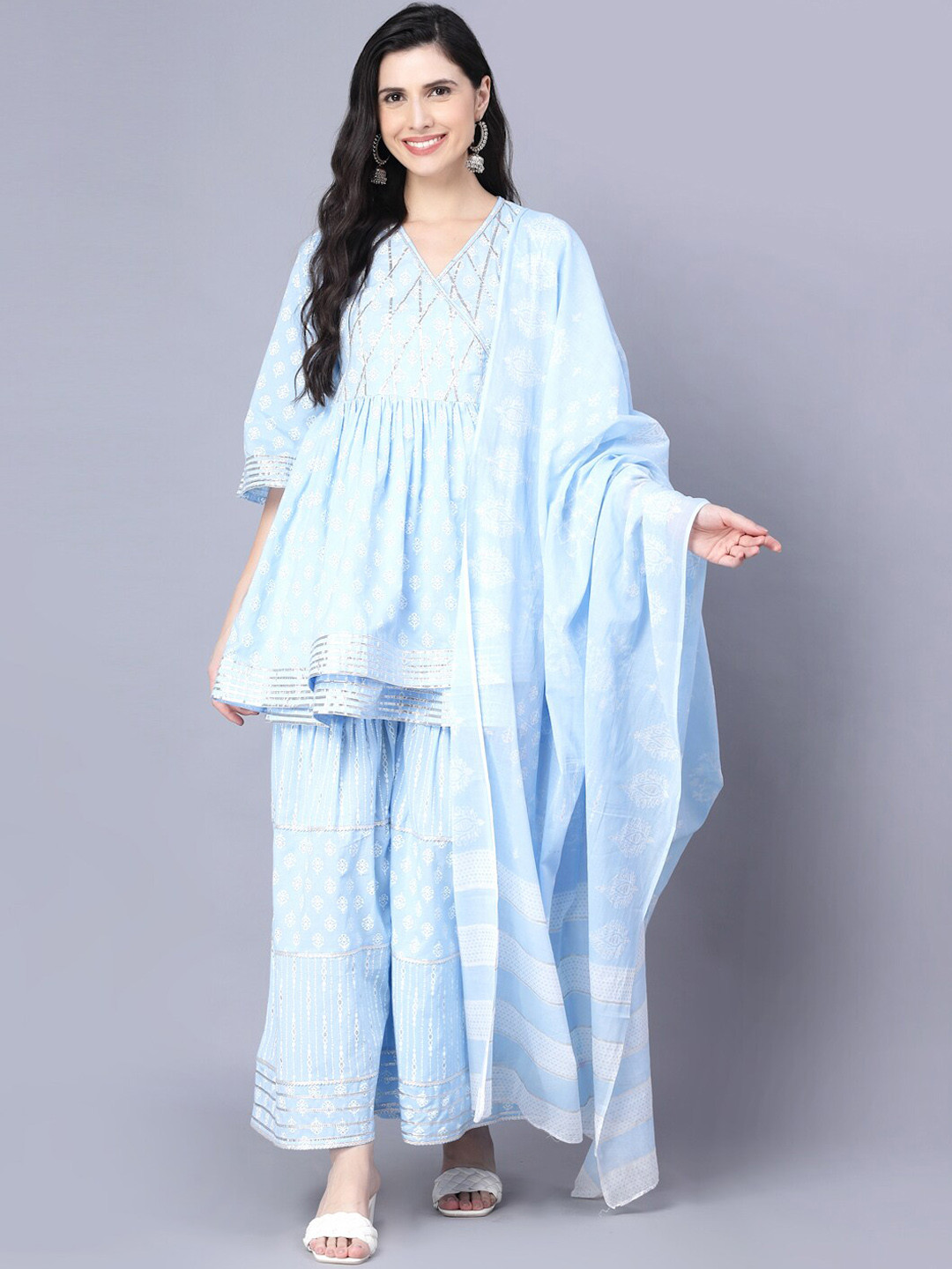 

Myshka Women Blue Yoke Design Angrakha Pure Cotton Kurta with Sharara & With Dupatta