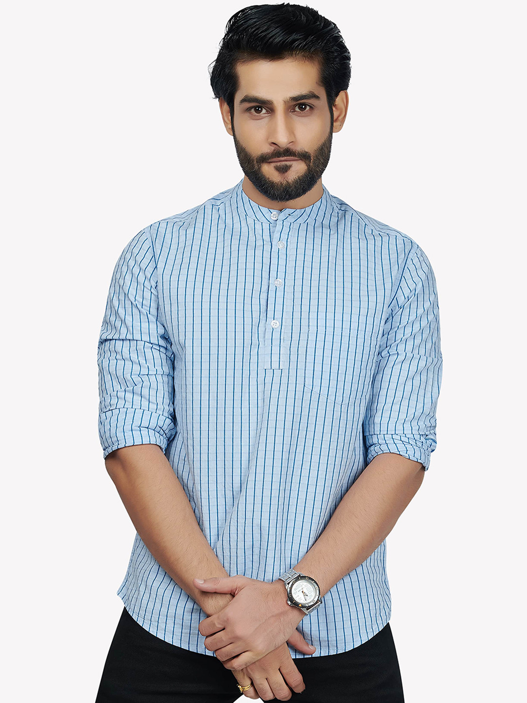 

VASTRADO Men Blue Striped Thread Work Kurta