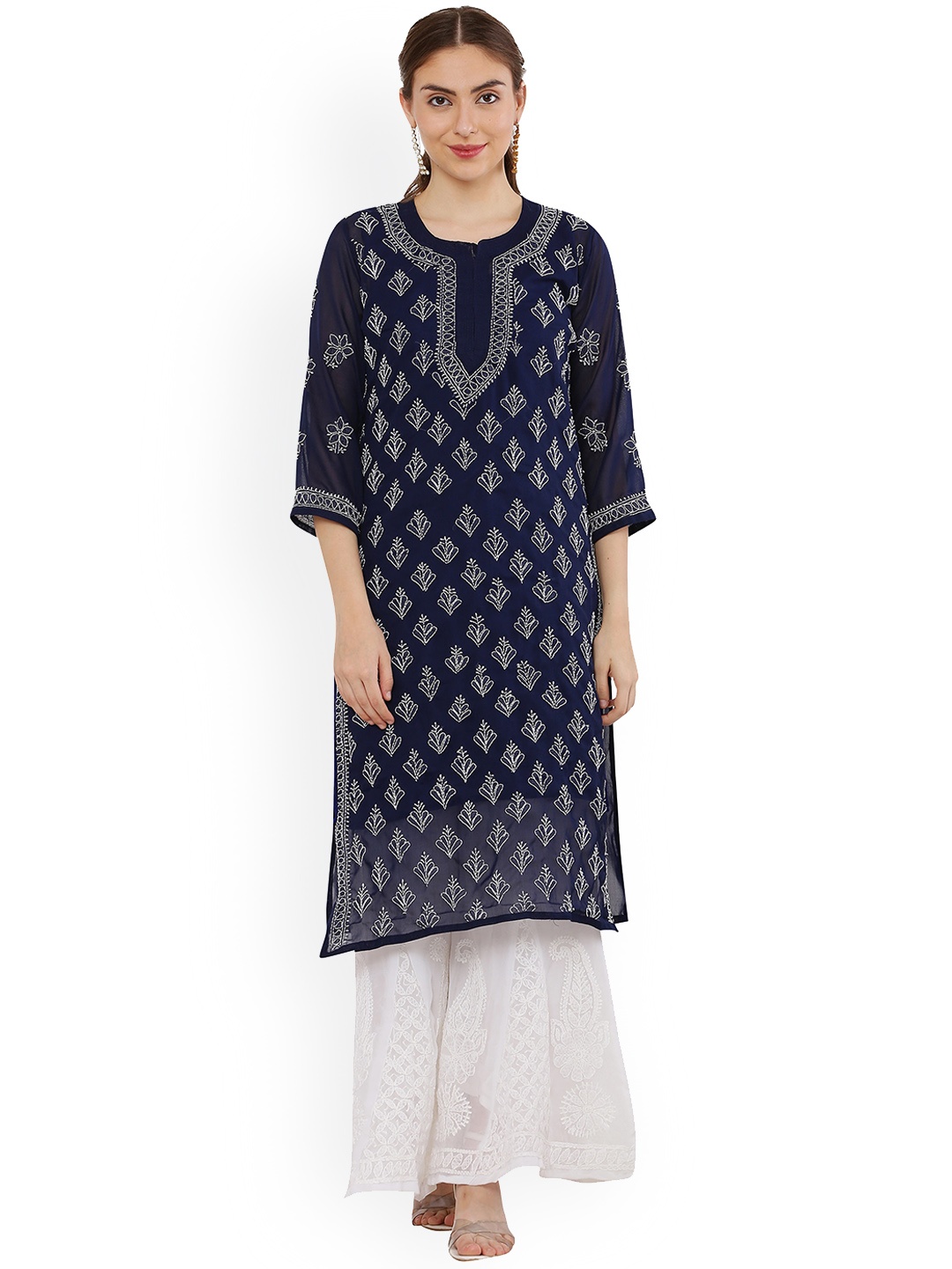 

FAWOMENT Navy Blue Ethnic Motifs Embellished Thread Work Handloom Georgette Kurta with Inner