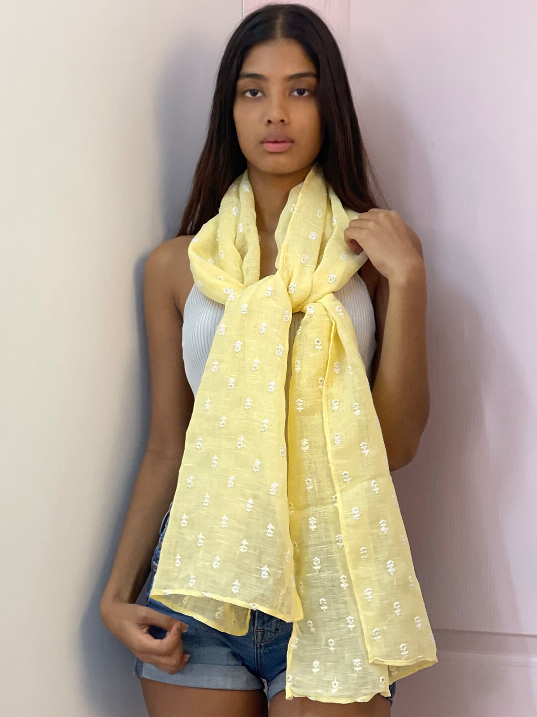 

Ayesha Women Ethnic Embroidered Linen Scarf, Yellow