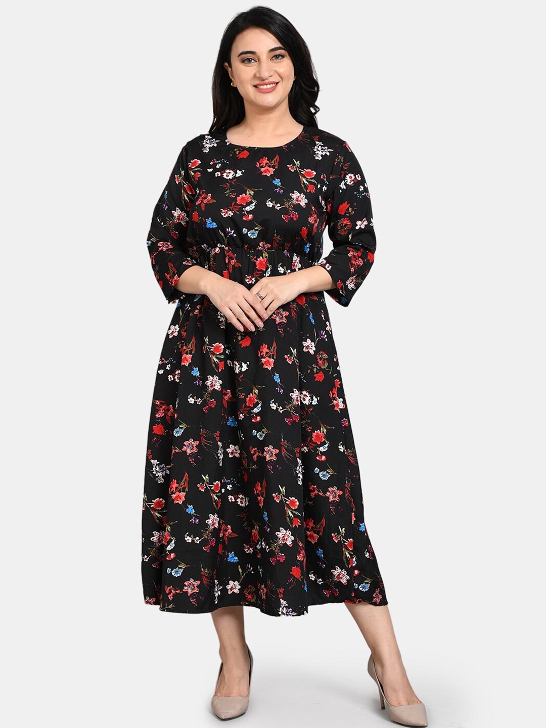 

Kushi Flyer Black Floral Crepe Formal Midi Dress