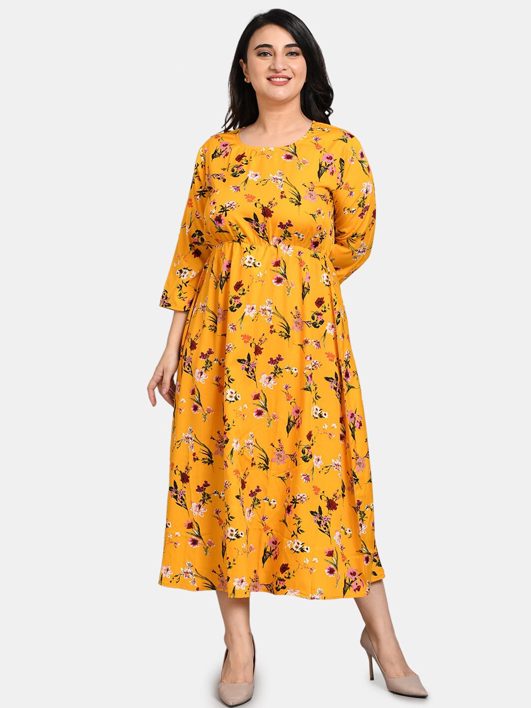 

Kushi Flyer Mustard Yellow Floral Crepe Formal Midi Dress