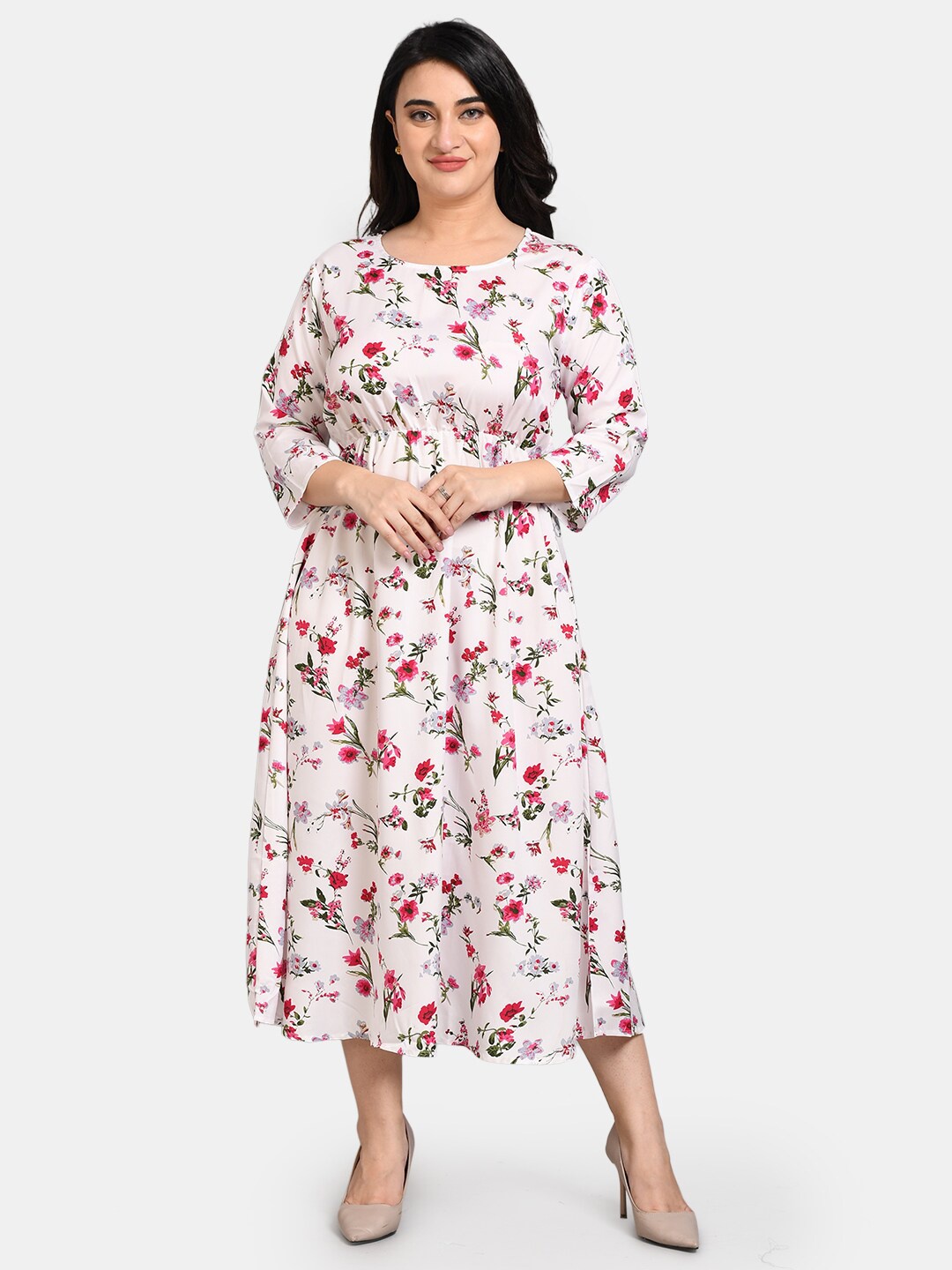 

Kushi Flyer White Floral Crepe Midi Dress