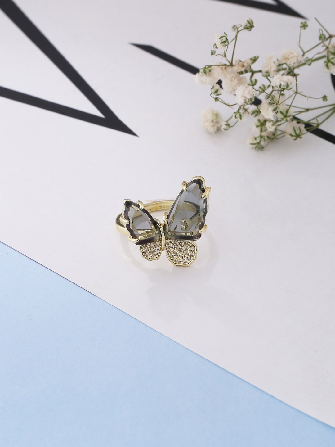 

Kashwini Gold-Plated White Stone-Studded Adjustable Butterfly Finger Ring